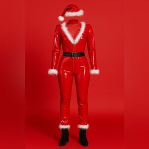 Red Faux Leather Jumpsuit with Fur Trim